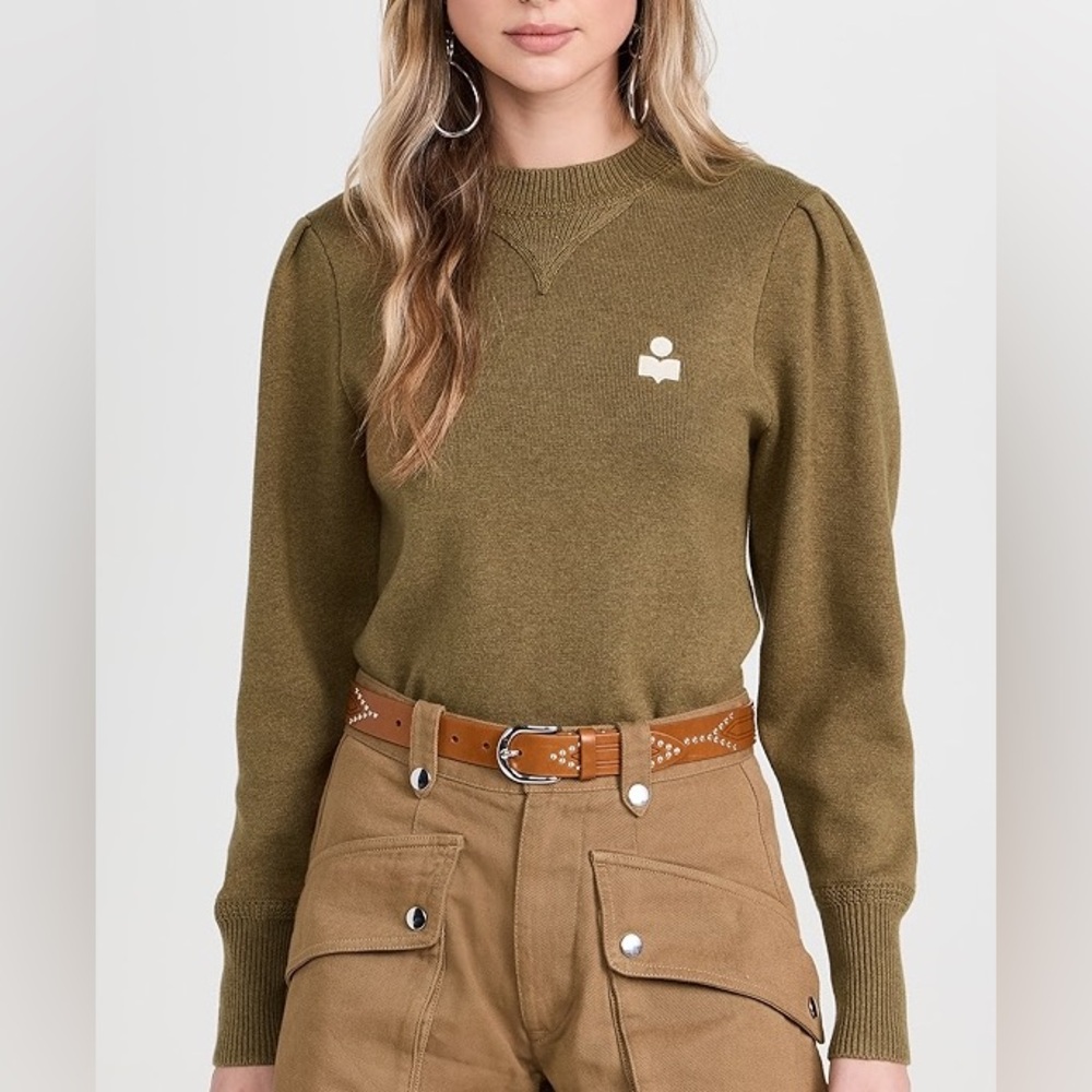Isabel Marant Olive Green Puff-Sleeve Crewneck Sweater